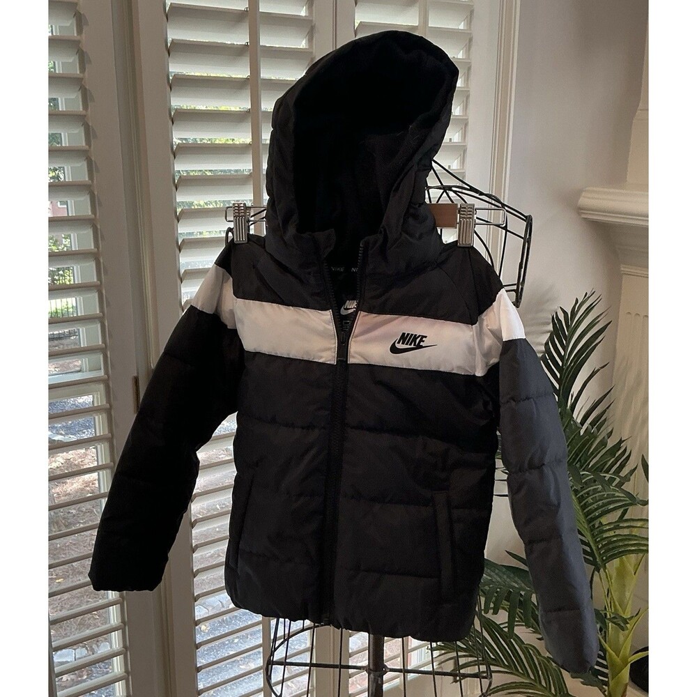 Nike Kids Zip-up Hooded Puffer Jacket Fleece Lined Black/White Sz 6 Medium